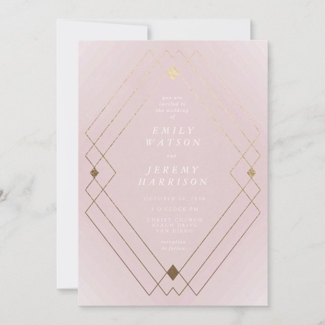 Gold Diamond Pink Geometric Deco Gatsby Wedding Invitation (Front)