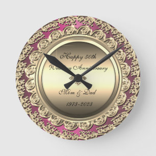 Gold Diamond Purple 50th Wedding Anniversary Round Clock