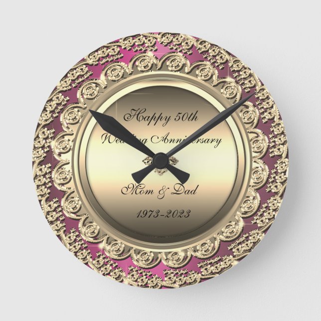 Gold Diamond Purple 50th Wedding Anniversary Round Clock (Front)