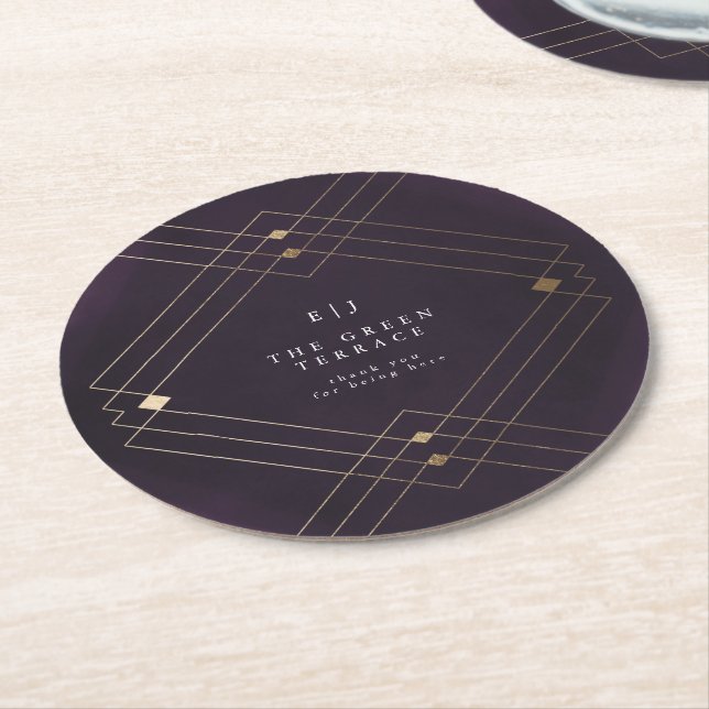 Gold Diamond Purple Geometric Deco Gatsby Wedding Round Paper Coaster (Angled)