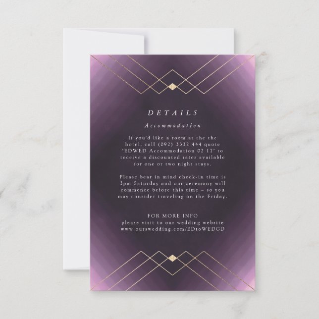 Gold Diamond Purple Geometric Deco Gatsby Wedding RSVP Card (Front)