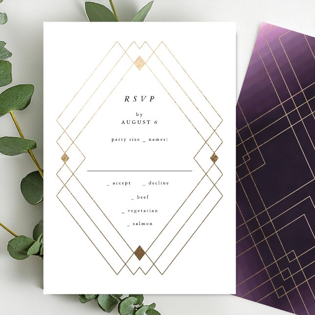 Gold Diamond Purple Geometric Deco Gatsby Wedding RSVP Card (Creator Uploaded)