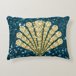 Gold Diamond Seashell Teal Faux Glitter Decorative Cushion