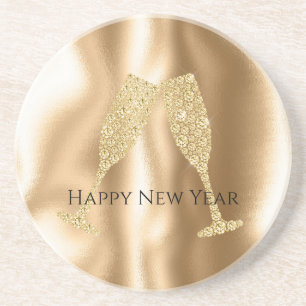 Gold Diamond Sparkle Champagne Glasses New Year's Coaster