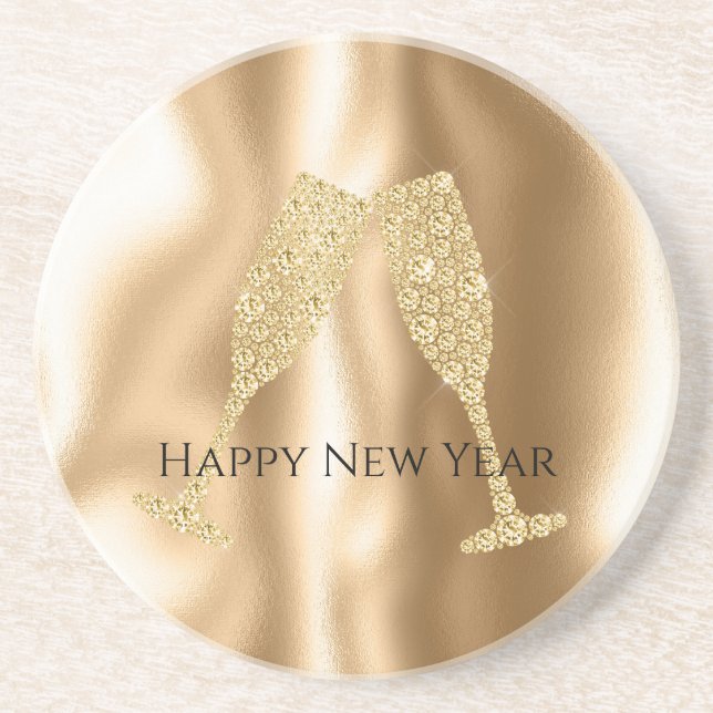 Gold Diamond Sparkle Champagne Glasses New Year's Coaster (Front)