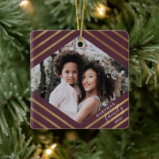 Gold Diamond Stripes Burgundy 2 Photo Christmas Ceramic Ornament (Tree)