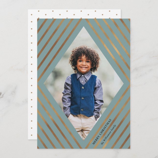 Gold Diamond Stripes Light Frame Photo Christmas Holiday Card (Front/Back)