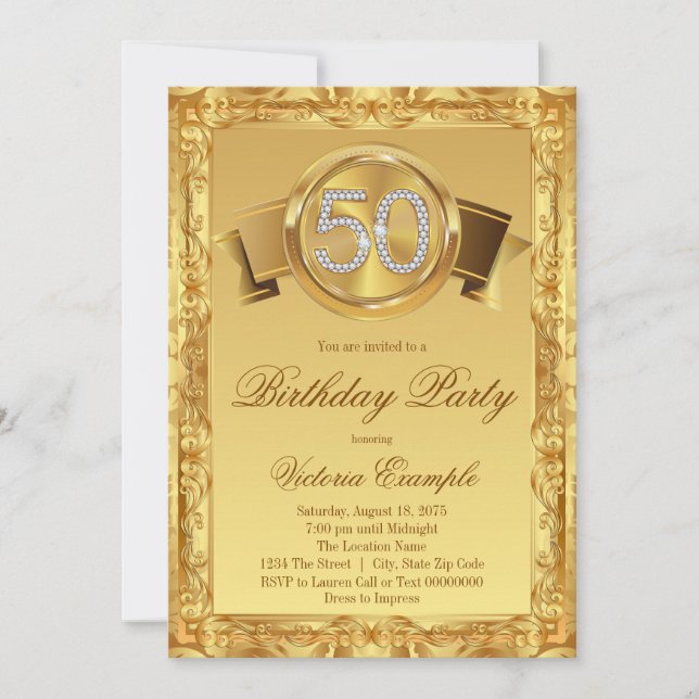 Gold Diamond Swirl Fancy 50th Birthday Invitation (Front)