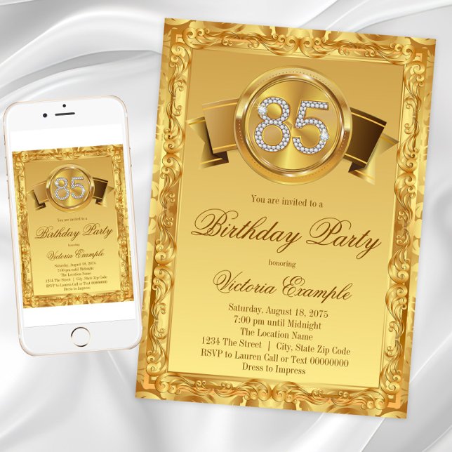 Gold Diamond Swirl Womans 85th Birthday Invitation (85th birthday party invitation with diamond numbers on a beautiful gold background. )