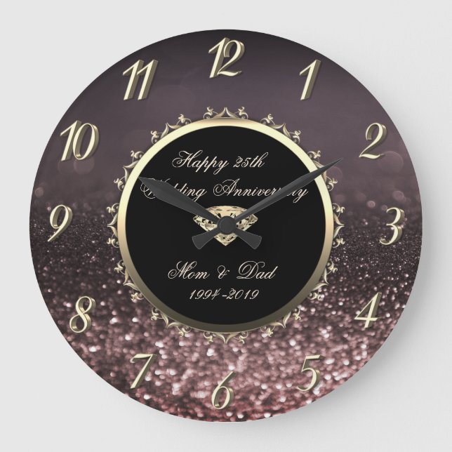 Gold Diamond Swirls 25th Bokeh Wedding Anniversary Large Clock (Front)
