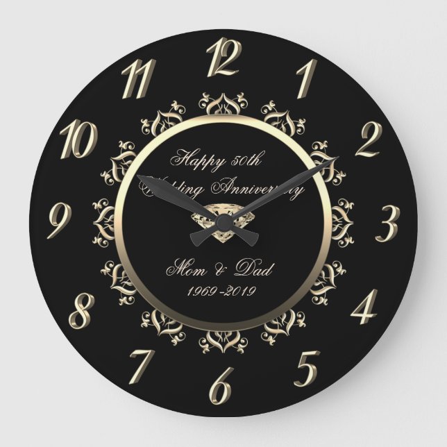 Gold Diamond Swirls 50th Wedding Anniversary Large Clock (Front)