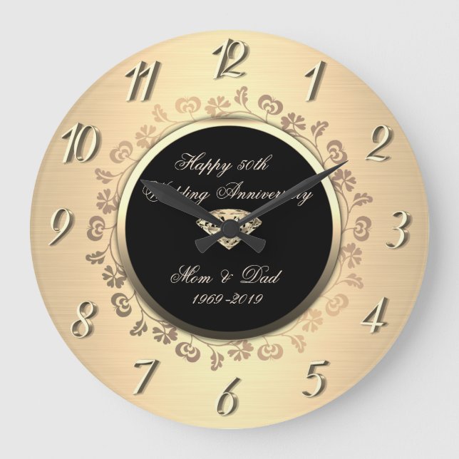 Gold Diamond Swirls 50th Wedding Anniversary Large Clock (Front)