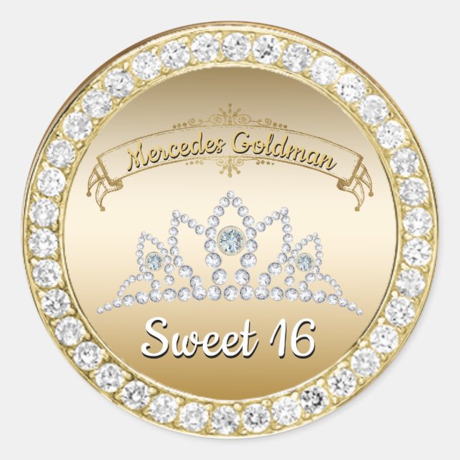 Gold & Diamond Tiara Princess Sweet 16 Birthday Classic Round Sticker (Front)