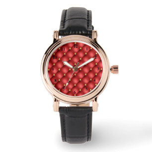 Gold Diamond Tufted Red Leather Watch