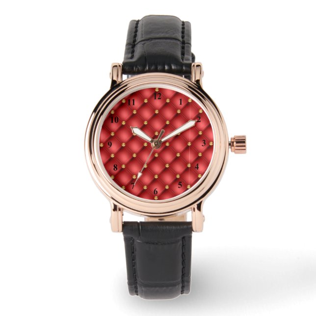 Gold Diamond Tufted Red Leather Watch (Front)