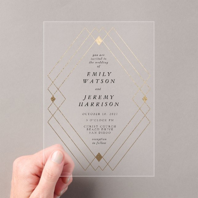 Gold Diamond White Geometric Deco Gatsby Wedding Acrylic Invitations (Insitu (Handheld))