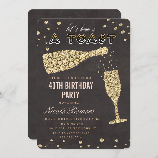 Gold Diamond Wine Glass Birthday Invitation (Front/Back)