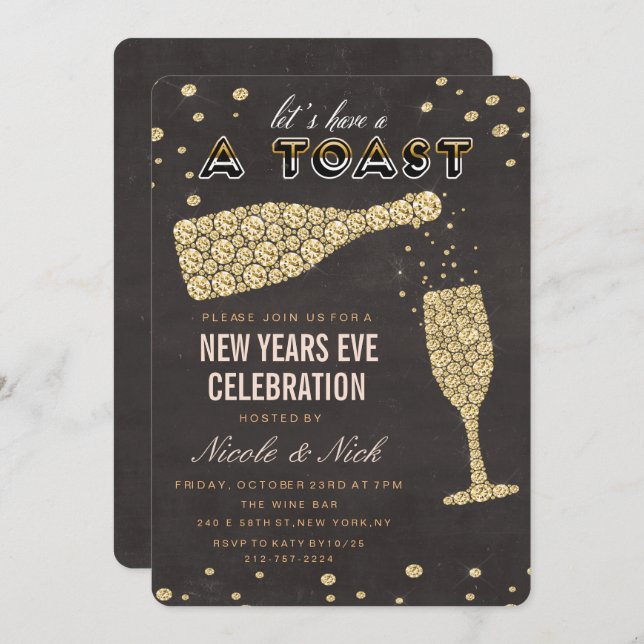 Gold Diamond Wine Glass New Years Eve Invitation (Front/Back)
