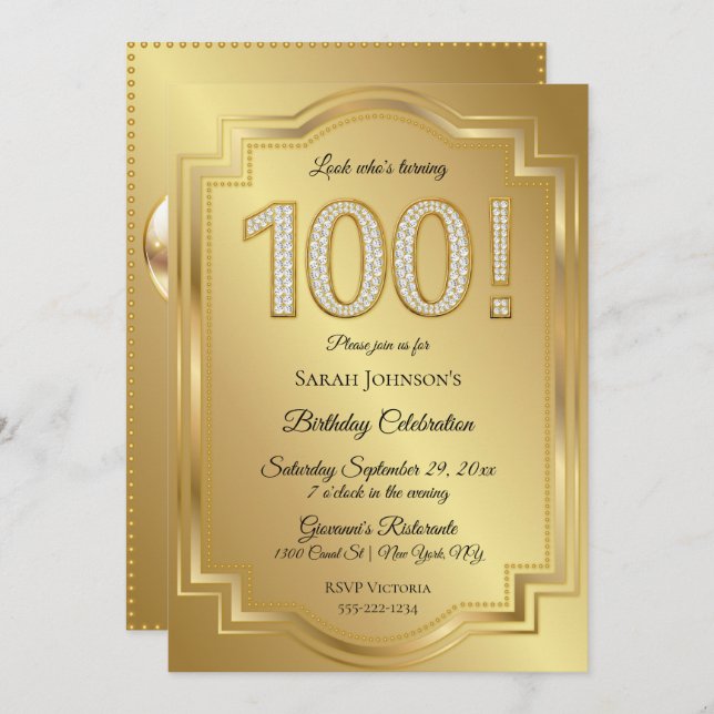 Gold & Diamonds 100th Birthday Anniversary Invitation (Front/Back)