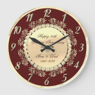 Gold Diamonds 25th Burgundy Wedding Anniversary  Large Clock