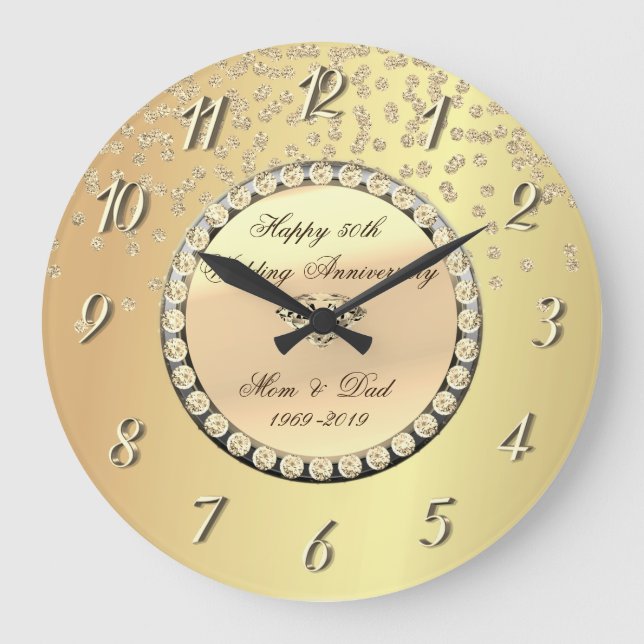 Gold Diamonds 25th Wedding Anniversary Large Clock (Front)