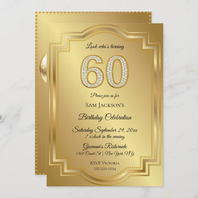 Gold & Diamonds 60th Birthday Anniversary Invitation (Front/Back)