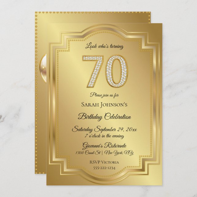 Gold & Diamonds 70th Birthday Anniversary Invitation (Front/Back)