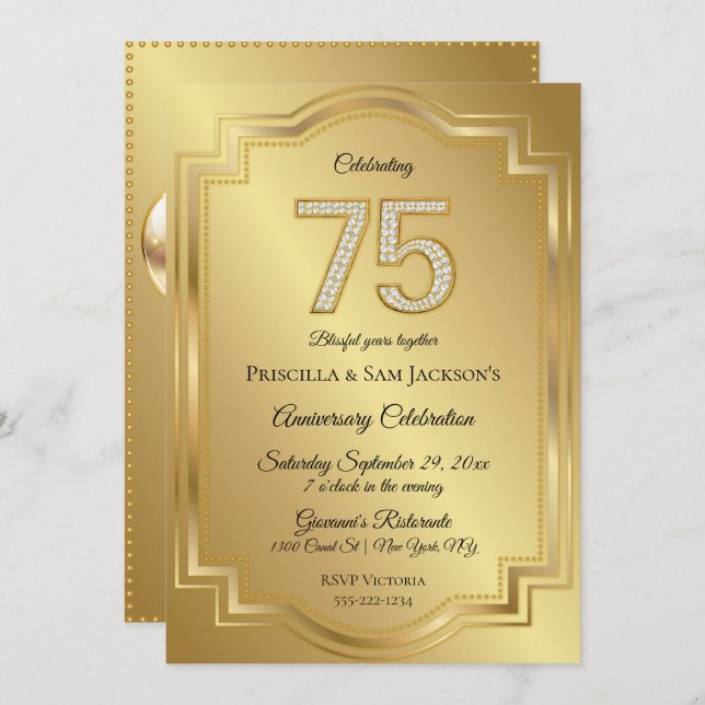 Gold & Diamonds 75th Birthday Anniversary Invitation (Front/Back)