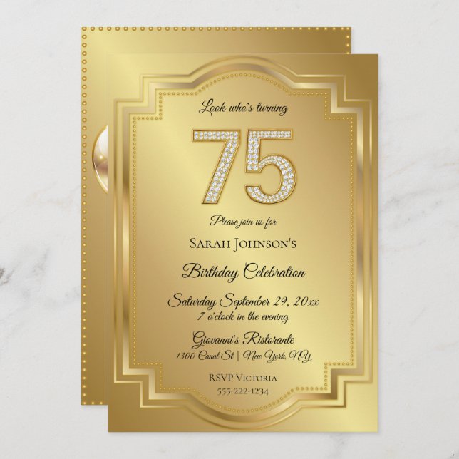 Gold & Diamonds 75th Birthday Anniversary Invitation (Front/Back)