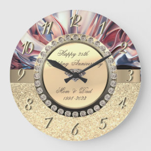 Gold Diamonds Abstract 25th Wedding Anniversary  Large Clock