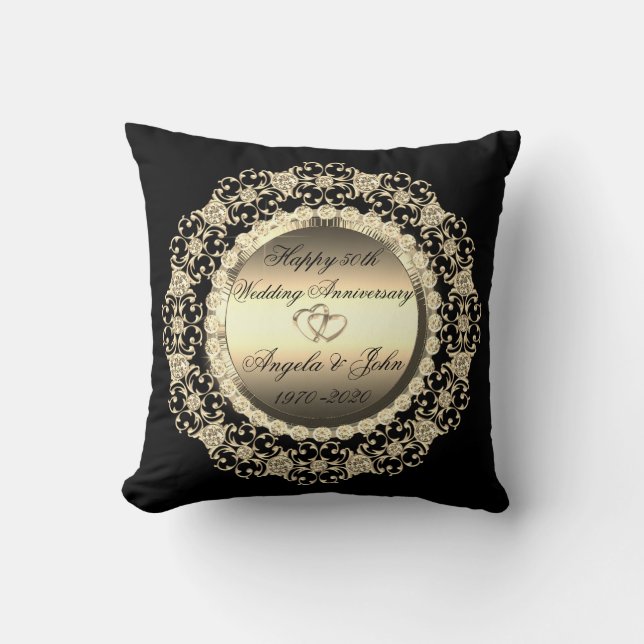 Gold Diamonds Black 50th Wedding Anniversary Cushion (Front)