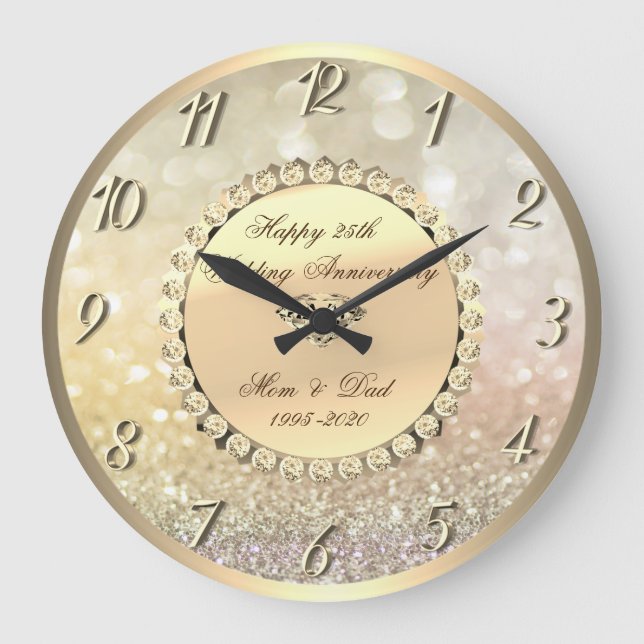 Gold Diamonds, Bokeh 25th Wedding Anniversary Large Clock (Front)