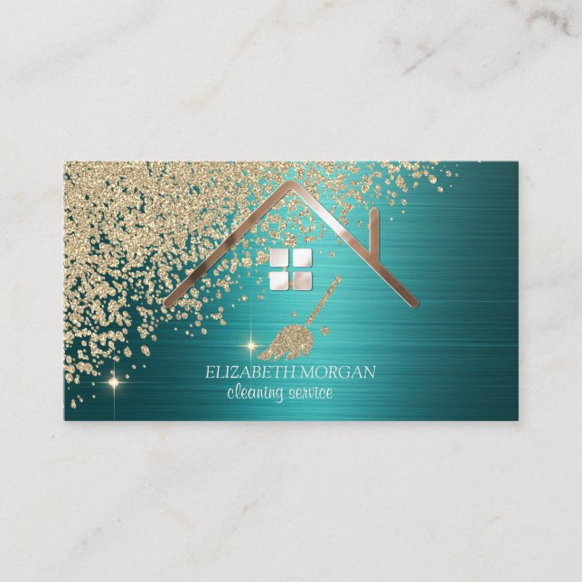 Gold Diamonds Broom House Green Metallic Business Card (Front)