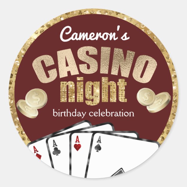 Gold Diamonds Burgundy Casino Night Party Classic Round Sticker (Front)