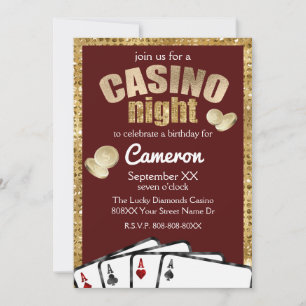Gold Diamonds Burgundy Casino Night Party Invitation