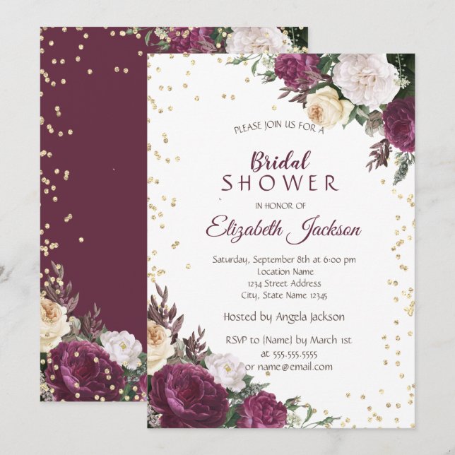 Gold Diamonds Burgundy Floral Bridal Shower Invitation (Front/Back)