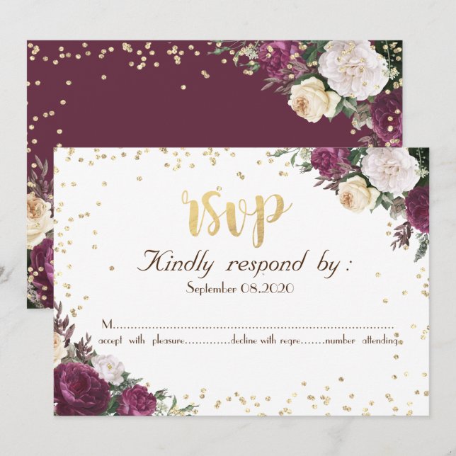 Gold Diamonds Burgundy Floral RSVP Invitation (Front/Back)