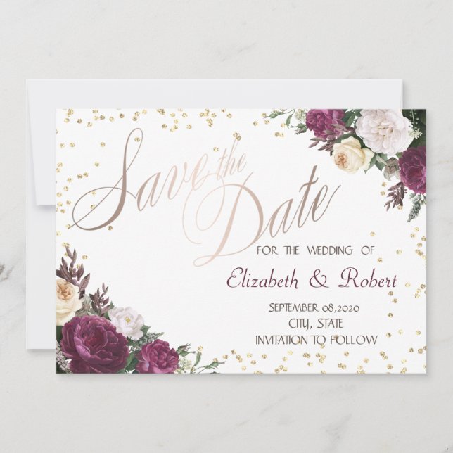 Gold Diamonds Burgundy Floral  Save The Date (Front)
