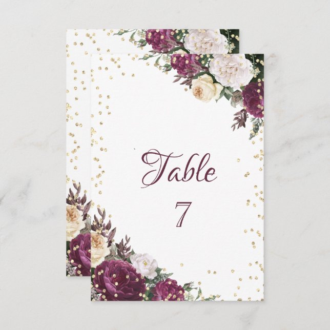 Gold Diamonds Burgundy Floral Table Card (Front/Back)