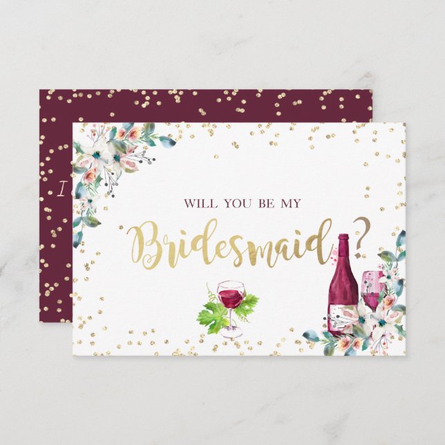 Gold Diamonds Burgundy Flowers  Bridesmaid Card (Front/Back)
