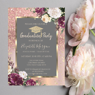 Gold Diamonds Burgundy Flowers Graduation Invitation