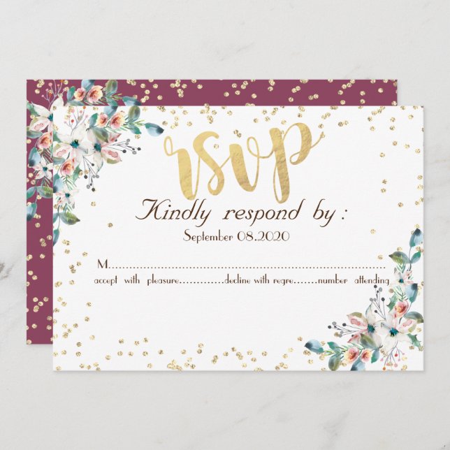 Gold Diamonds Burgundy Flowers  RSVP Invitation (Front/Back)