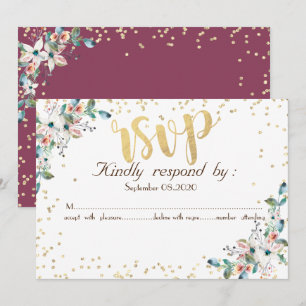 Gold Diamonds Burgundy Flowers RSVP Invitation