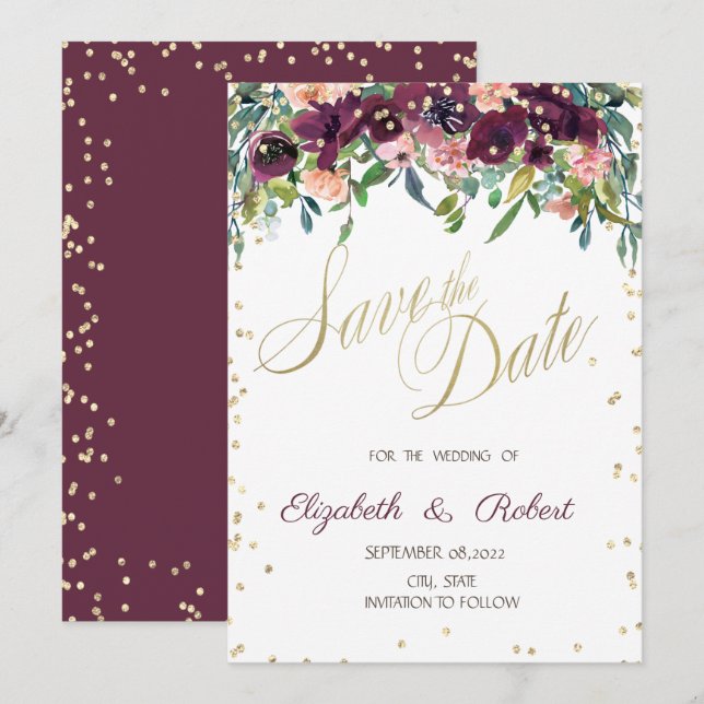 Gold Diamonds Burgundy Flowers Save The Date (Front/Back)