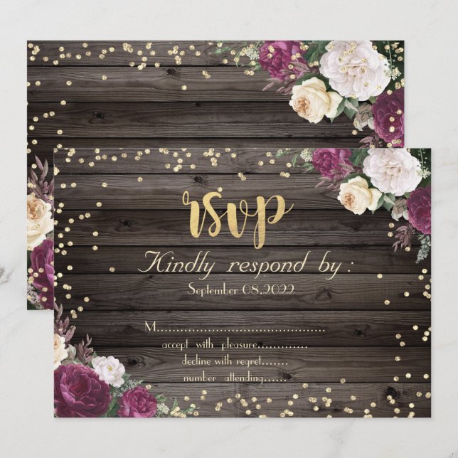 Gold Diamonds Burgundy Flowers Wood Invitation (Front/Back)