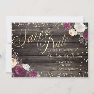 Gold Diamonds Burgundy Flowers Wood Save The Date
