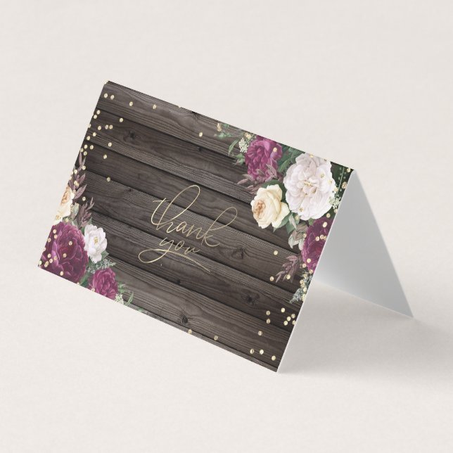 Gold Diamonds Burgundy Flowers Wood Thank You Card (Front)
