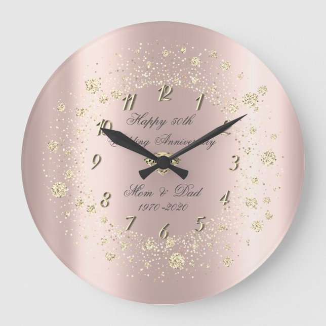 Gold Diamonds Confetti Rose Gold Anniversary Large Clock (Front)