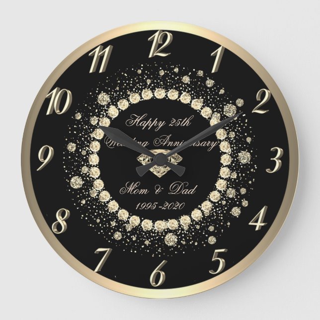 Gold Diamonds Dots Black 25th Wedding Anniversary Large Clock (Front)