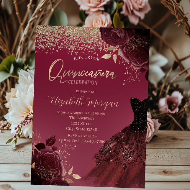 Gold Diamonds,Dress,Burgundy Roses Quinceanera  Invitation (Creator Uploaded)